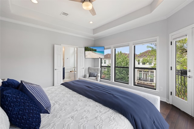 802 Malone St Unit A, Houston, TX 77007 - bedroom with access to exterior, a tray ceiling, wood finished floors, a ceiling fan, and recessed lighting