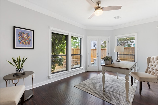802 Malone St Unit A, Houston, TX 77007 - office area featuring wood finished floors, crown molding, and ceiling fan