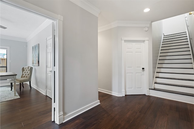 802 Malone St Unit A, Houston, TX 77007 - hallway with ornamental molding, dark wood-style flooring, stairs, and recessed lighting