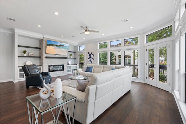 802 Malone St Unit A, Houston, TX 77007 - living room featuring ornamental molding, a fireplace, ceiling fan, dark wood-style floors, and recessed lighting