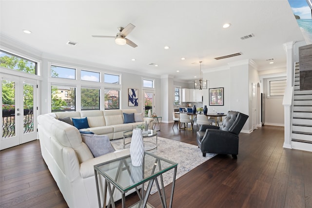 802 Malone St Unit A, Houston, TX 77007 - living room featuring ornamental molding, stairs, a ceiling fan, dark wood finished floors, and recessed lighting
