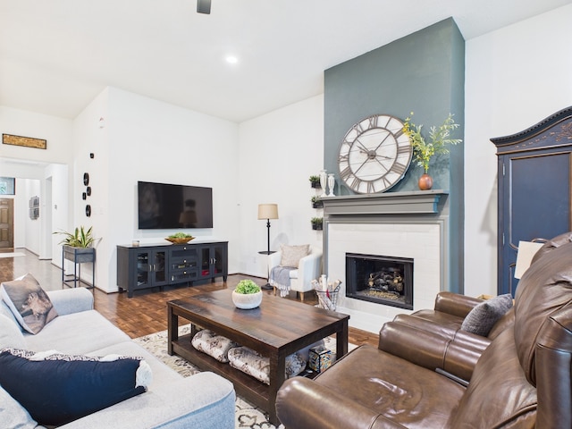 6003 Rivergrove Bend Dr, Humble, TX 77346 - living room with a fireplace and a ceiling fan