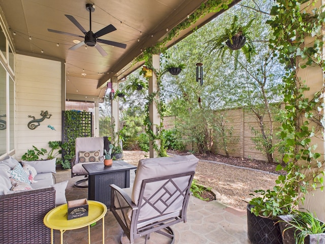 6003 Rivergrove Bend Dr, Humble, TX 77346 - fenced backyard featuring ceiling fan, an outdoor living space, and a patio area