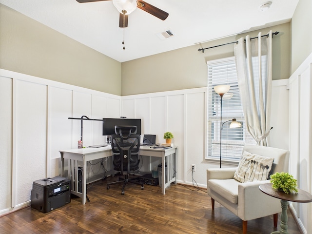 6003 Rivergrove Bend Dr, Humble, TX 77346 - office area with wood finished floors, ceiling fan, and a decorative wall