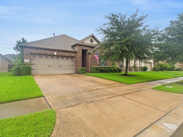 6003 Rivergrove Bend Dr, Humble, TX 77346 - ranch-style house featuring brick siding, a garage, driveway, and a front lawn