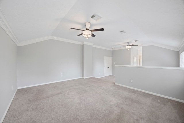 3307 La Seine Ln, Spring, TX 77388 - unfurnished room featuring a ceiling fan, vaulted ceiling, carpet floors, and ornamental molding