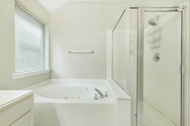 6611 Atasca Creek Dr, Humble, TX 77346 - bathroom with a stall shower, a whirlpool tub, and vanity
