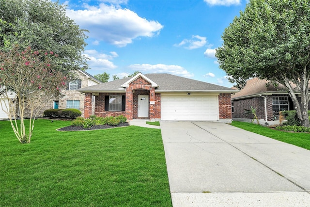 6611 Atasca Creek Dr, Humble, TX 77346 - ranch-style house with brick siding, driveway, an attached garage, a front lawn, and a shingled roof