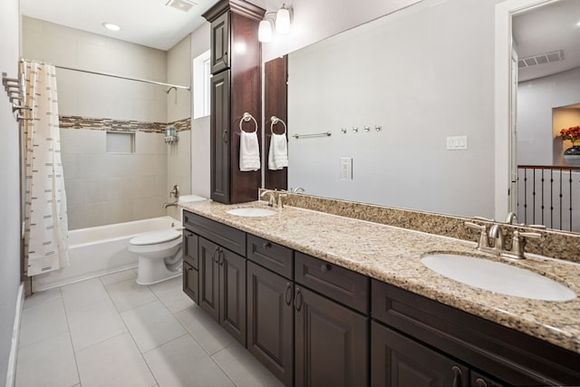 4106 Kolb St, Houston, TX 77007 - bathroom featuring double vanity, shower / bath combo, tile patterned flooring, and recessed lighting