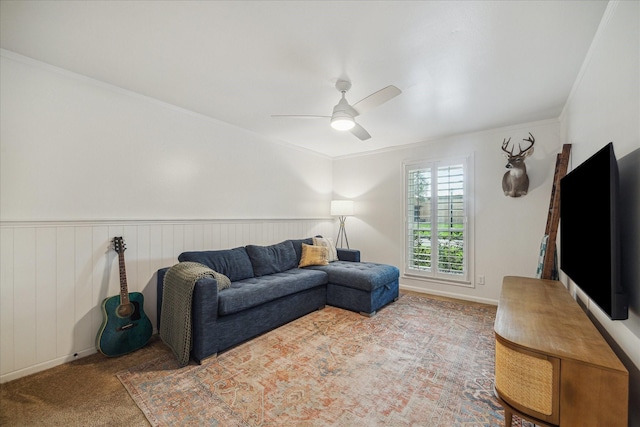 735 Rennie Dr, Katy, TX 77450 - carpeted living area with ceiling fan and crown molding
