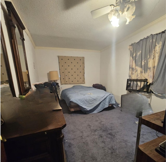 4721 Paradise Ln, Houston, TX 77048 - carpeted bedroom with crown molding, ceiling fan, and a textured ceiling
