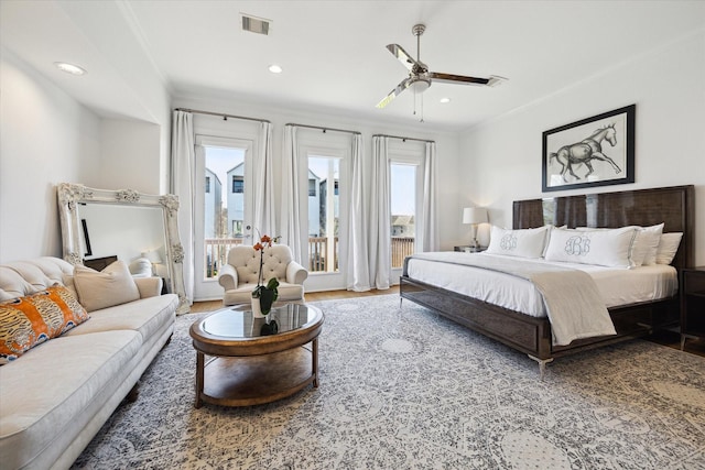 1240 W 16th St, Houston, TX 77008 - bedroom with access to outside, wood finished floors, crown molding, recessed lighting, and ceiling fan