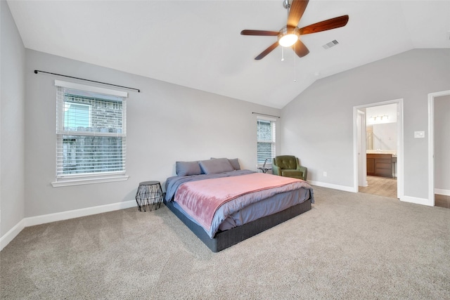 15715 Holloway Creek Ct, Houston, TX 77044 - bedroom featuring carpet floors, lofted ceiling, multiple windows, ensuite bath, and a ceiling fan