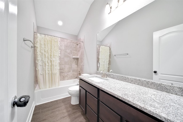 15715 Holloway Creek Ct, Houston, TX 77044 - full bath featuring vaulted ceiling, vanity, shower / bathtub combination with curtain, and wood finished floors