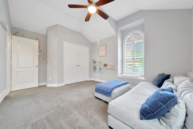 15715 Holloway Creek Ct, Houston, TX 77044 - sitting room featuring a ceiling fan, vaulted ceiling, and carpet floors