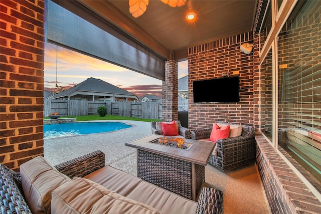 15715 Holloway Creek Ct, Houston, TX 77044 - view of swimming pool with an outdoor living space with a fire pit, a fenced backyard, and a patio