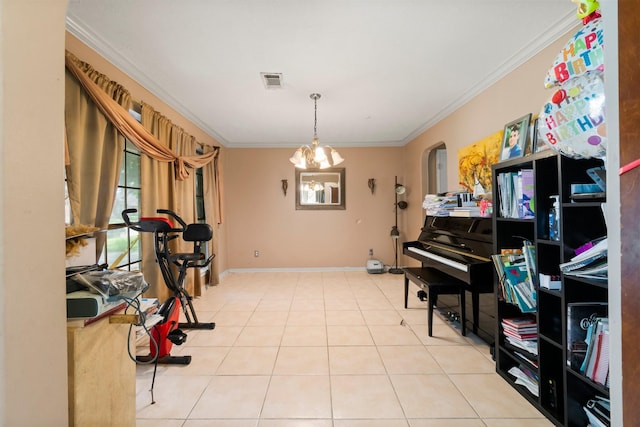 6619 Amberfield Ln, Katy, TX 77449 - sitting room featuring crown molding, tile patterned floors, and a chandelier