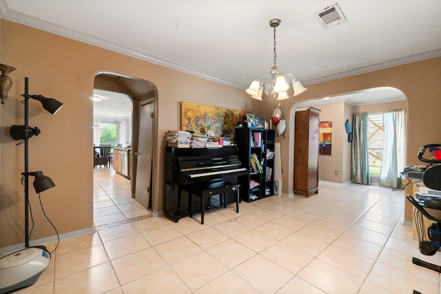 6619 Amberfield Ln, Katy, TX 77449 - living area featuring arched walkways, crown molding, light tile patterned flooring, and a chandelier