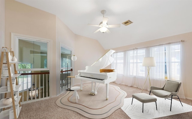 21331 Willow Glade Dr, Katy, TX 77450 - sitting room with ceiling fan, carpet floors, healthy amount of natural light, and lofted ceiling