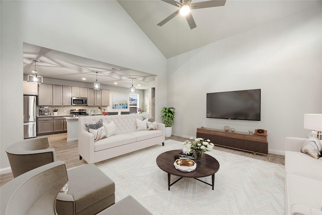 308 Spruce Oak Ln, Waller, TX 77484 - living area with a ceiling fan, recessed lighting, light wood-style flooring, and high vaulted ceiling