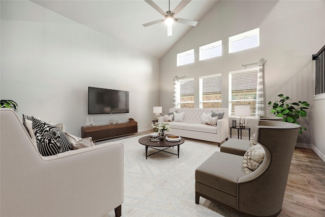 308 Spruce Oak Ln, Waller, TX 77484 - living area with high vaulted ceiling, light wood-style floors, and ceiling fan