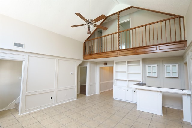 20246 Pittsford Dr, Katy, TX 77450 - kitchen with a decorative wall, high vaulted ceiling, ceiling fan, light tile patterned floors, and open shelves