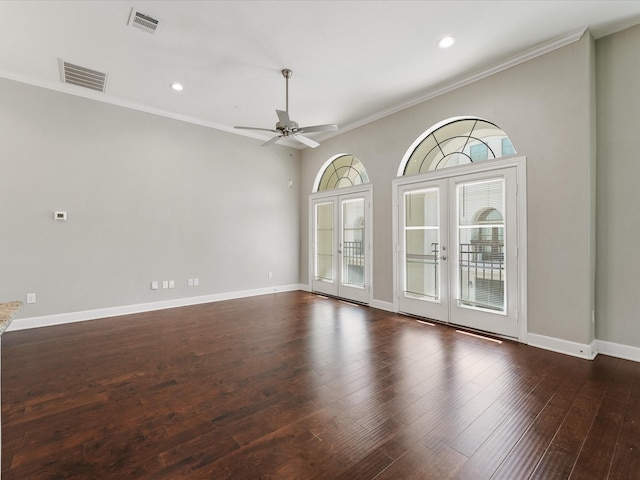3303 Beverly Forest Dr, Houston, TX 77057 - spare room with french doors, ceiling fan, crown molding, dark wood-style flooring, and recessed lighting