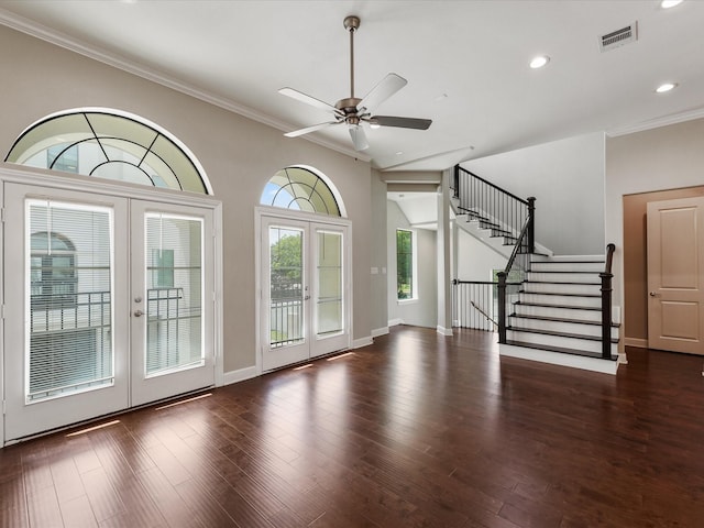 3303 Beverly Forest Dr, Houston, TX 77057 - foyer entrance with french doors, ornamental molding, stairway, ceiling fan, and recessed lighting