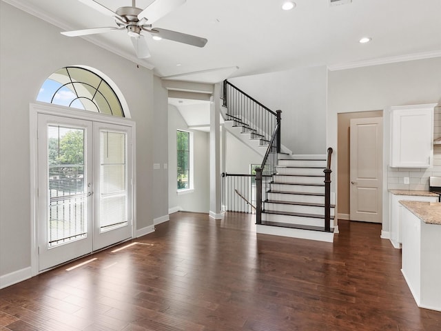 3303 Beverly Forest Dr, Houston, TX 77057 - foyer featuring stairway, dark wood-style floors, crown molding, french doors, and recessed lighting