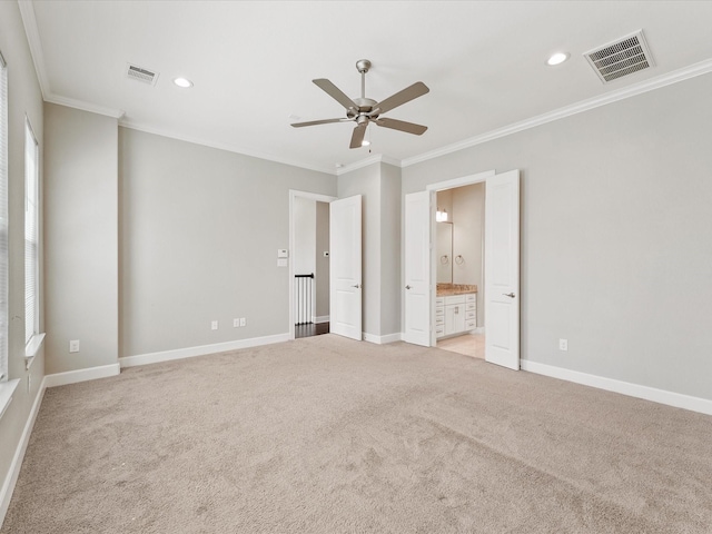 3303 Beverly Forest Dr, Houston, TX 77057 - unfurnished bedroom with ornamental molding, light carpet, recessed lighting, ensuite bath, and ceiling fan