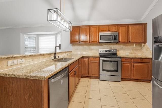 17919 Eagle Pass Falls Ct, Humble, TX 77346 - kitchen featuring stainless steel appliances, crown molding, brown cabinets, backsplash, and light stone countertops