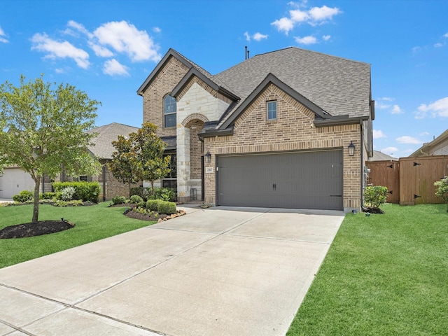 23027 Needlegrass Rd, Katy, TX 77493 - french country inspired facade with brick siding, a shingled roof, concrete driveway, an attached garage, and a gate