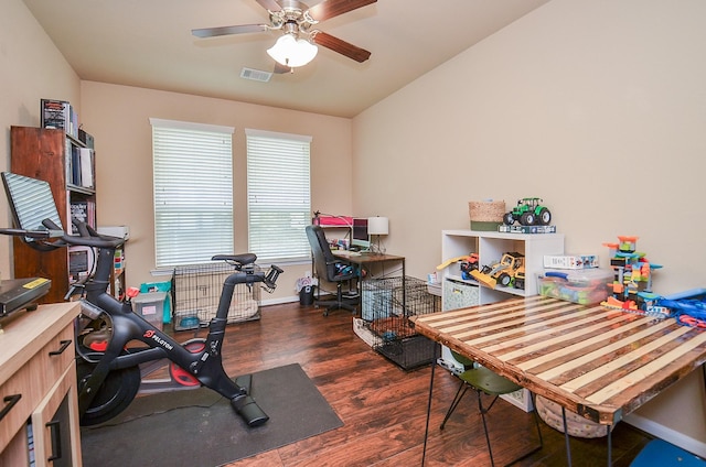 6215 Carnaby Ln, Rosenberg, TX 77471 - office area with wood finished floors and a ceiling fan