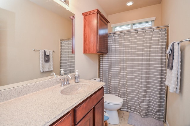 6215 Carnaby Ln, Rosenberg, TX 77471 - bathroom with vanity, tile patterned floors, a shower with curtain, and recessed lighting