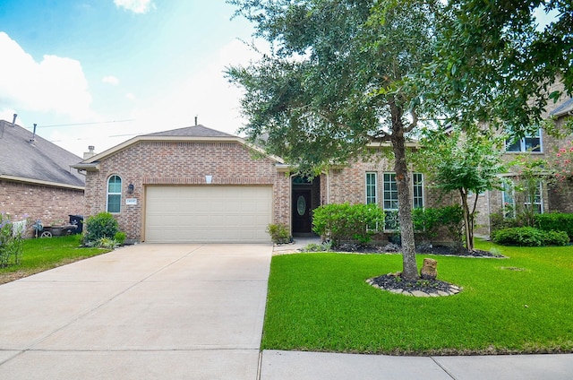 6215 Carnaby Ln, Rosenberg, TX 77471 - view of front of house with a garage, a front lawn, driveway, and brick siding