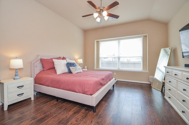 6215 Carnaby Ln, Rosenberg, TX 77471 - bedroom featuring vaulted ceiling, dark wood-type flooring, and ceiling fan