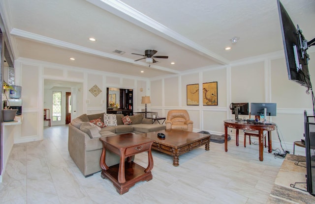 5422 Windy Lake Dr, Houston, TX 77345 - living area with a decorative wall, ornamental molding, and ceiling fan