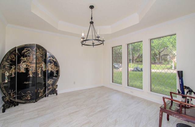 5422 Windy Lake Dr, Houston, TX 77345 - unfurnished room featuring a chandelier, a raised ceiling, and ornamental molding