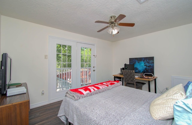 5422 Windy Lake Dr, Houston, TX 77345 - bedroom with dark wood-style flooring, access to outside, a textured ceiling, and ceiling fan