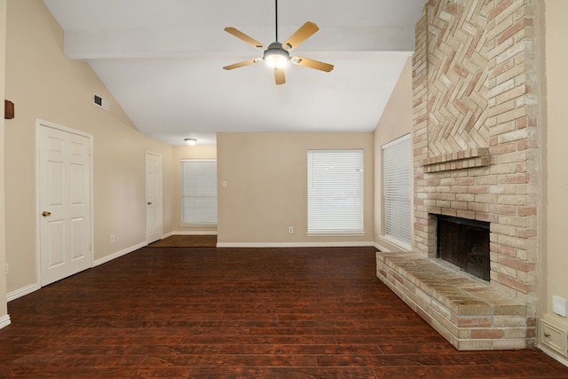 2351 Loyanne Dr, Spring, TX 77373 - unfurnished living room with hardwood / wood-style floors, a fireplace, ceiling fan, beamed ceiling, and high vaulted ceiling