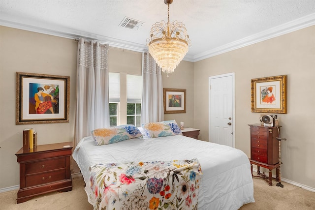 3357 Tamy Ln, Brenham, TX 77833 - bedroom with light carpet, a chandelier, and ornamental molding
