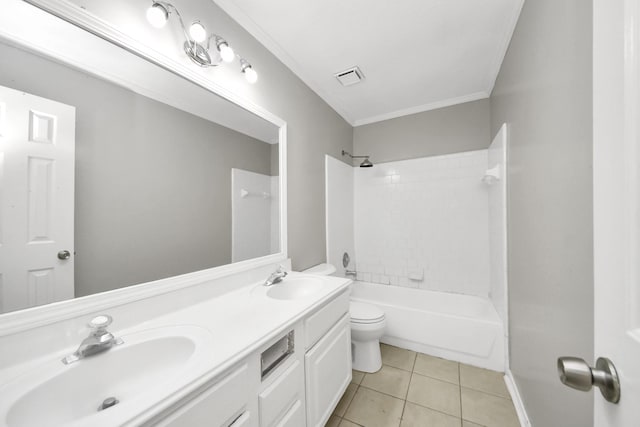 9410 Gatmere Ct, Sugar Land, TX 77498 - bathroom featuring double vanity, tile patterned floors, crown molding, and shower / washtub combination
