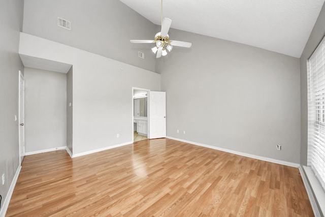 9410 Gatmere Ct, Sugar Land, TX 77498 - unfurnished bedroom with high vaulted ceiling, light wood finished floors, ensuite bathroom, and a ceiling fan