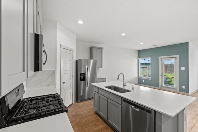 207 William Ln, Rosharon, TX 77583 - kitchen with stainless steel appliances, gray cabinetry, light wood-style floors, light countertops, and recessed lighting