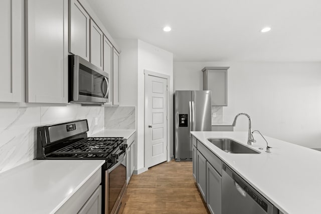 207 William Ln, Rosharon, TX 77583 - kitchen with appliances with stainless steel finishes, gray cabinets, light countertops, and recessed lighting