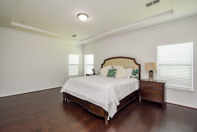 4615 Montcliff Bend Ln, Sugar Land, TX 77479 - bedroom with a tray ceiling, dark wood-style floors, and crown molding