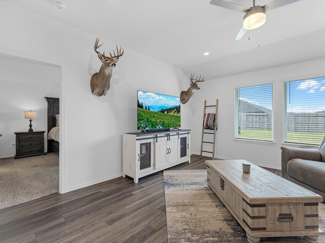 17831 Sommerset Falls Ln, Crosby, TX 77532 - living room with dark wood finished floors, a ceiling fan, and recessed lighting