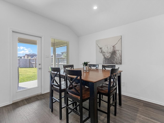 17831 Sommerset Falls Ln, Crosby, TX 77532 - dining room with dark wood-type flooring, vaulted ceiling, and recessed lighting