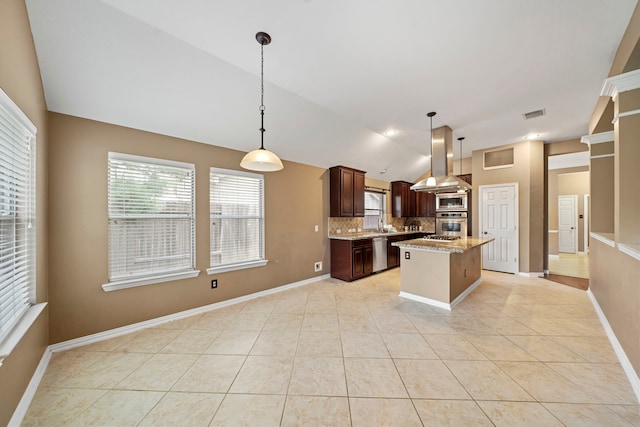 15015 Cozy Hollow Ln, Houston, TX 77044 - kitchen with appliances with stainless steel finishes, vaulted ceiling, decorative backsplash, island exhaust hood, and light tile patterned flooring