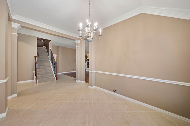15015 Cozy Hollow Ln, Houston, TX 77044 - spare room featuring a chandelier, stairs, crown molding, ornate columns, and vaulted ceiling